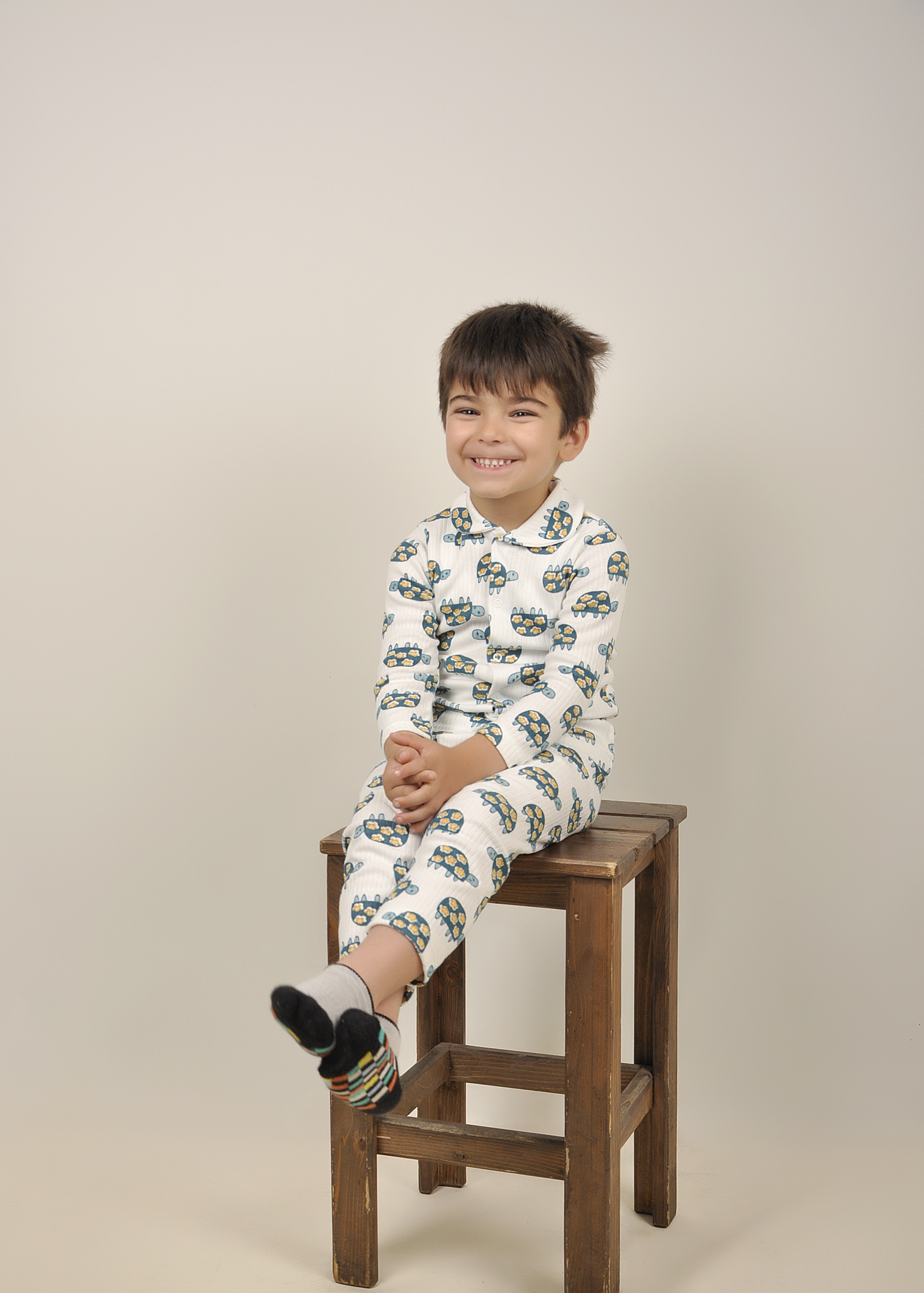 Peki 4 Mevsim Uniseks Kız Erkek Minik İnterlok %80 Pamuk Standart Kaplumbağa Desenli Önden Çıtçıtlı Emprime Pijama Takımı 14470